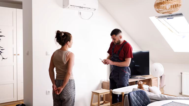 Hvac Technician And Female Apartment Owner Checking The Ac After Seasonal Maintenance